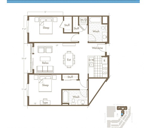 Floor plan for 2 beds, 2 baths, 1004 sqft